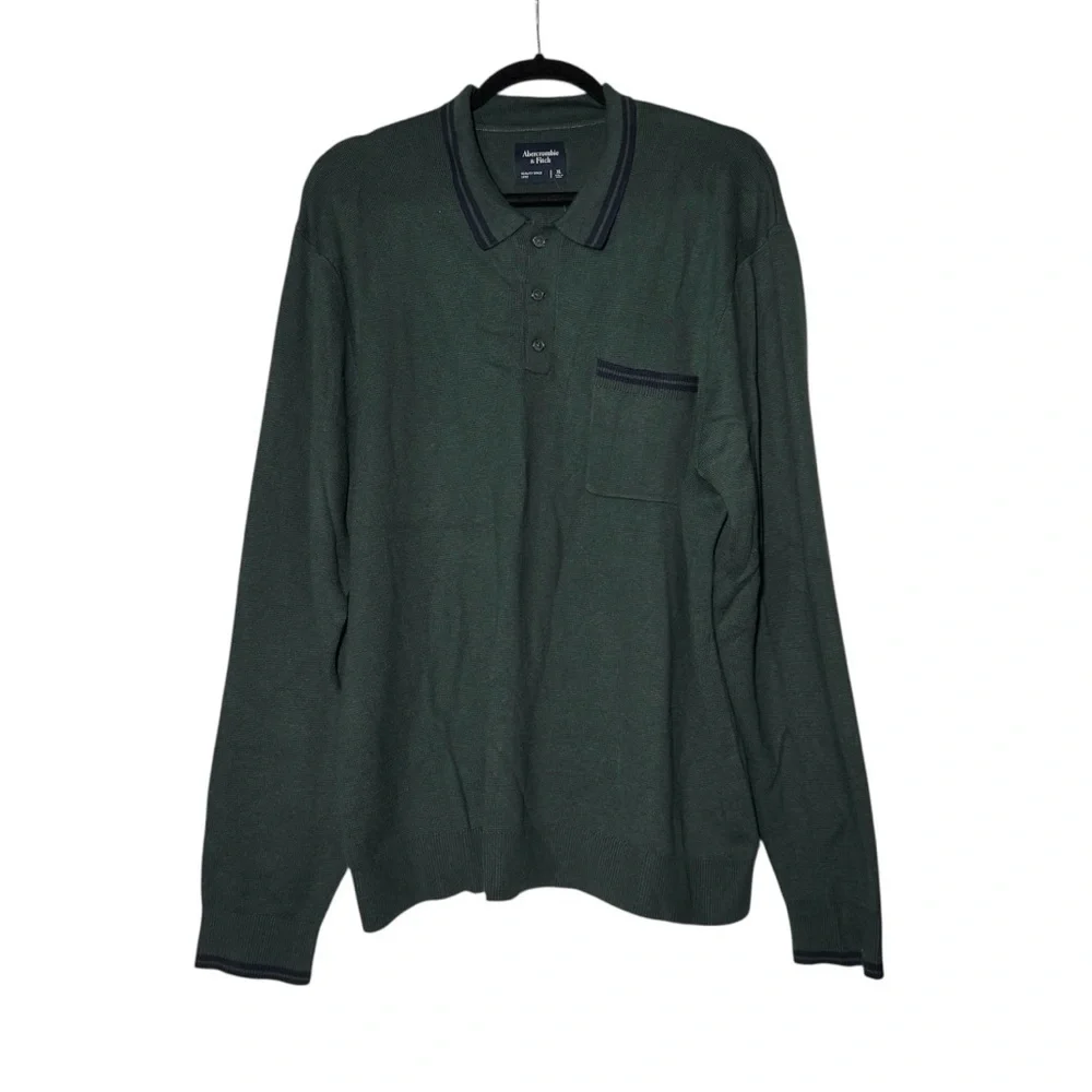 Abercrombie & Fitch Henley Sweater Long Sleeve Green with Navy Blue Trim XL NWT